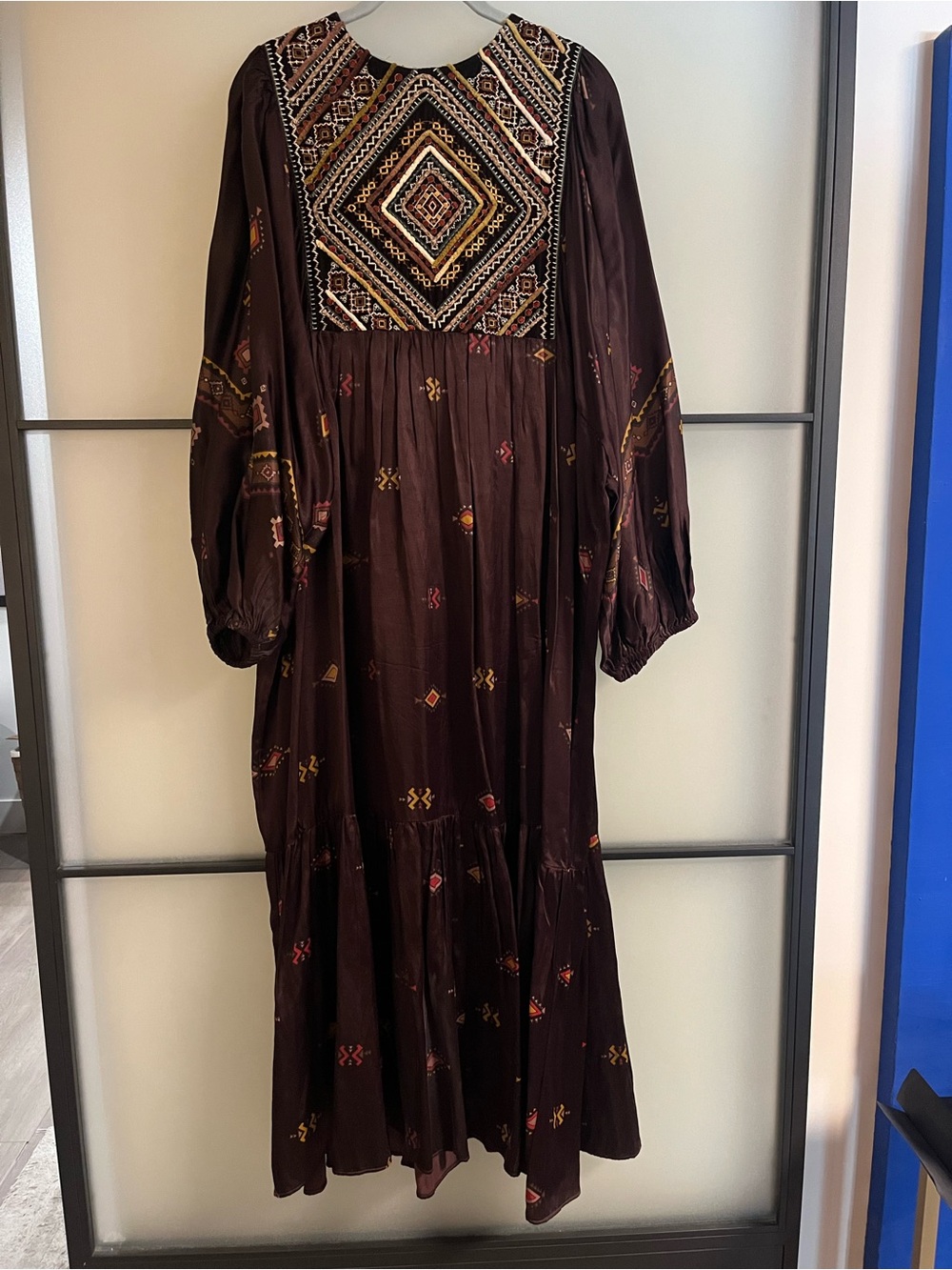 ZARA Embroidered Bohemian Maxi Dress in Deep Brown / burgundy